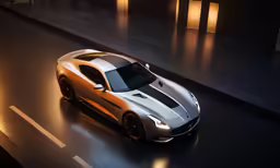 a silver and black sports car on an indoor parking lot