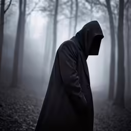 a person wearing a hooded jacket with a hood in the woods