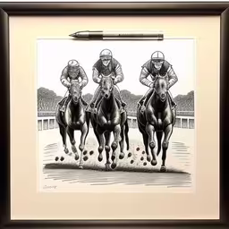 a group of jockeys galloping on their horses,a pen and ink drawing of four jockeys on horses