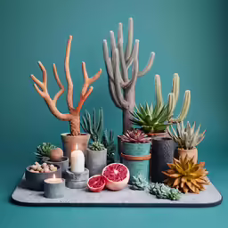 a tray filled with cactus plants and candles