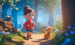 a kid is walking along a path with a cat