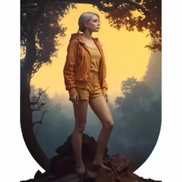 a woman with blond hair standing in front of trees