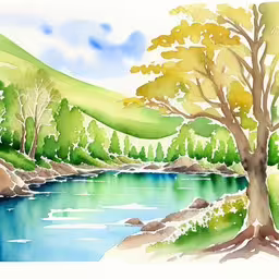 watercolor illustration of a stream, with trees and rocks