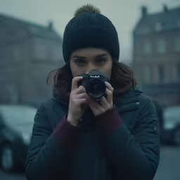 a woman is holding a camera and is taking a photo