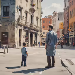 a man and his son playing in the street