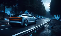 white sleek car driving down the highway at night