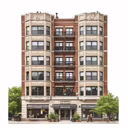 a watercolor drawing of an apartment building with people walking down the street