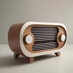 an old radio model, painted brown with white trim
