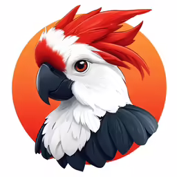 a black, white and red parrot with a bright yellow background