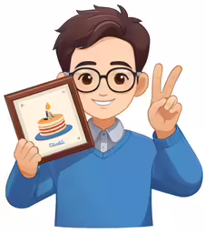 a boy in glasses is holding up a framed cake