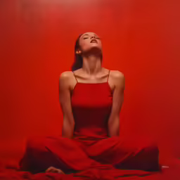 the woman in a red dress is sitting on her knees