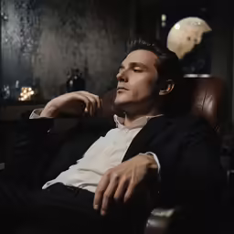 the man sitting in the chair is looking upward