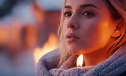 a woman holding a candle up to her face