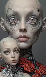 a woman with two faces and flowers on her head