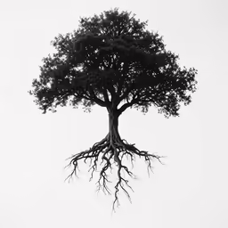 a black and white image of a tree with very large roots