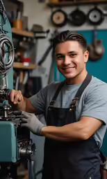 a man smiling while working with a machine