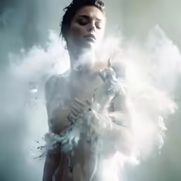 a woman dressed in a cosplay covered in smoke