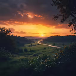 the sun setting over a rural green field