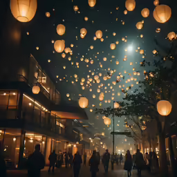 lots of lanterns are floating from the ceiling