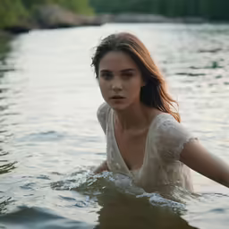 a woman wearing a white shirt in the water