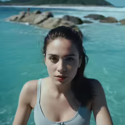 a girl in a top and body of water