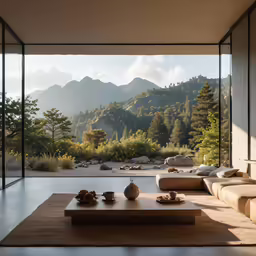 a living room has a nice view of a mountain range