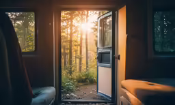 a small room with a microwave and some doors open