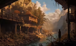a man standing under an awning looking at a river