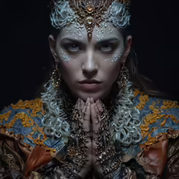 a woman with white makeup and jewelry wearing a tiara