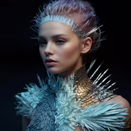 a model with silver hair wearing feathers in a black background