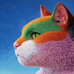 a close up of a cat wearing multicolored headgear