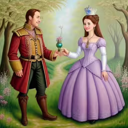 a woman in purple and green is holding flowers,a painting of prince and princess holding hands