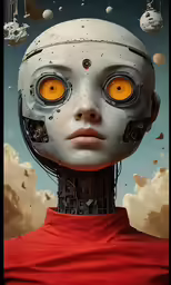 a robot head with many eyes and parts surrounding it