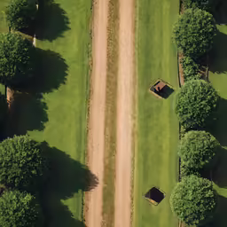 dirt road in green field surrounded by trees