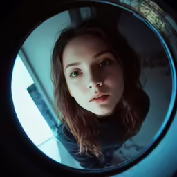 a girl is looking at herself in the mirror