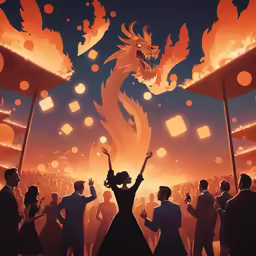 a crowd at a music performance watching the animated show dragon