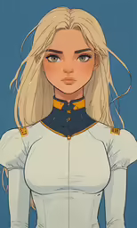a girl wearing a dress and uniform with blonde hair
