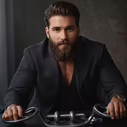 man with beard and dark jacket riding a small metal motorcycle