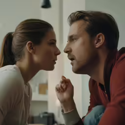 a man and woman facing each other while one looks at another