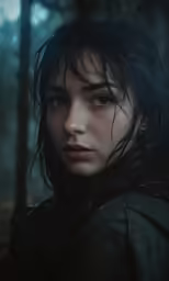 a woman standing in the woods, staring at the camera