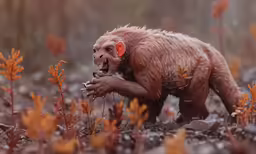 a wet monkey with its mouth open in the middle of some grass