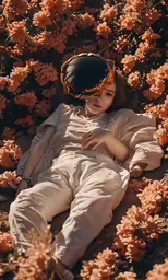 a young girl wearing a bonnet lies down on the ground in a flowered field