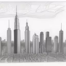 an artistic sketch showing skyscrapers with dark clouds,the view of skyscrapers, from the air