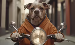 an adorable dog wearing a sweatshirt riding on top of a motorcycle