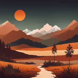 there is a painting on the wall that says mountains,a painting of a mountain valley with a river running between it