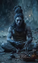 man dressed as native american sitting in a cave, with his hand near his knees