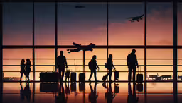 silhouettes of people standing in front of the windows of an airport at sunset,a group of people standing in front of a window