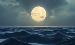 a full moon is setting over a dark sky above the ocean