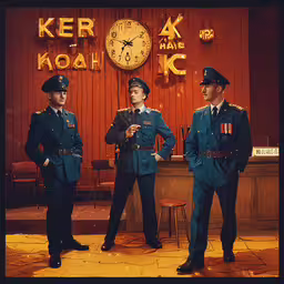 three uniformed men standing next to each other in front of a bar,a group of police officers pose for a photo
