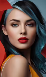 a woman with blue hair with bright red lipstick
